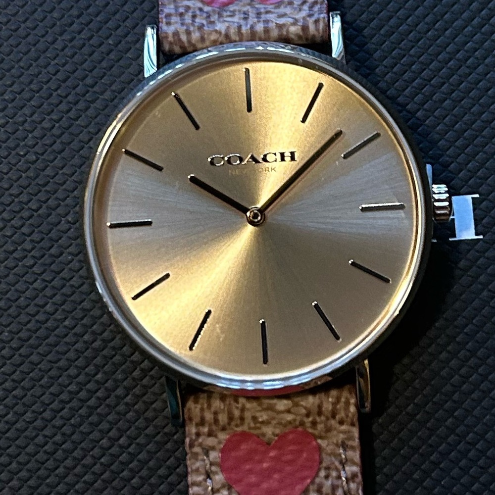 Coach Perry Watch With 36mm Golden Face & Brown Leather Band With Hearts Design